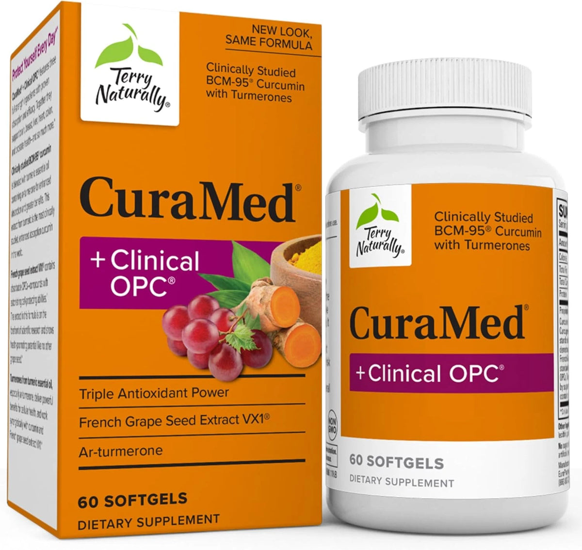 Terry Naturally Curamed + Clinical OPC, 60 Softgels, with BCM-95 Curcumin NonGMO Fit And Glow