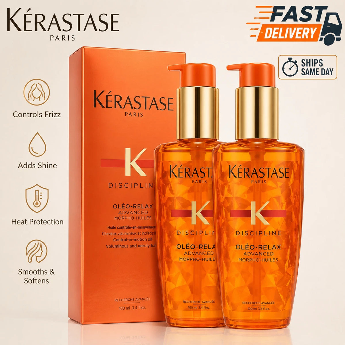 PACK OF 2 Kerastase Discipline Oleo Relax Advanced Hair Smoothing Oil 3.4oz Fit And Glow