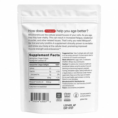 Pack of 2 Time-Line Longevity Supplement Mitopure Urolithin A 60 Softgels New Fit And Glow