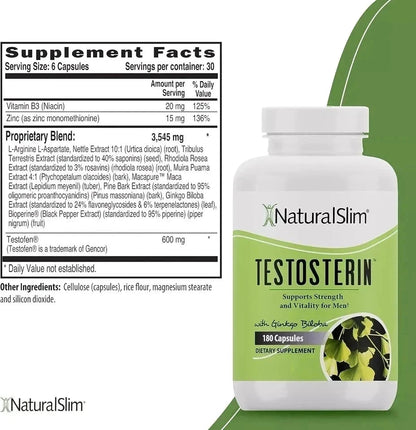 NaturalSlim Testosterin Men's Multivitamins Testosterone Booster 180 Capsules Fit And Glow